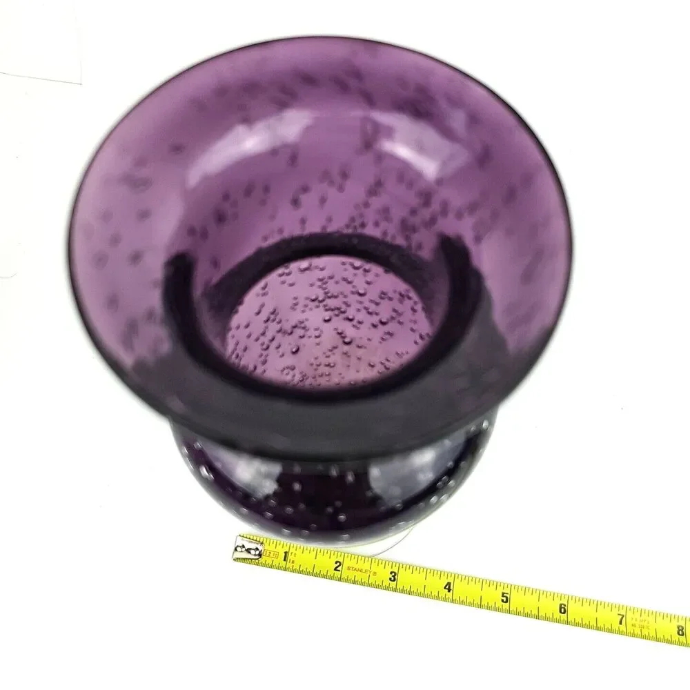 Hand Blown Amethyst Purple Vase Controlled Bubbles Clear Footed Base 8 in Tall